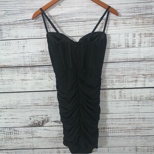 NWOT (S) Black Dress Push Up Bustier Boned Corset Sheer Tank Mini Bodycon Dress